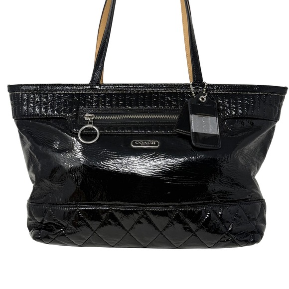 COACH Poppy Daisy Liquid Gloss Black Patent Quilted Tote Handbag Purse 18674 - Picture 1 of 14